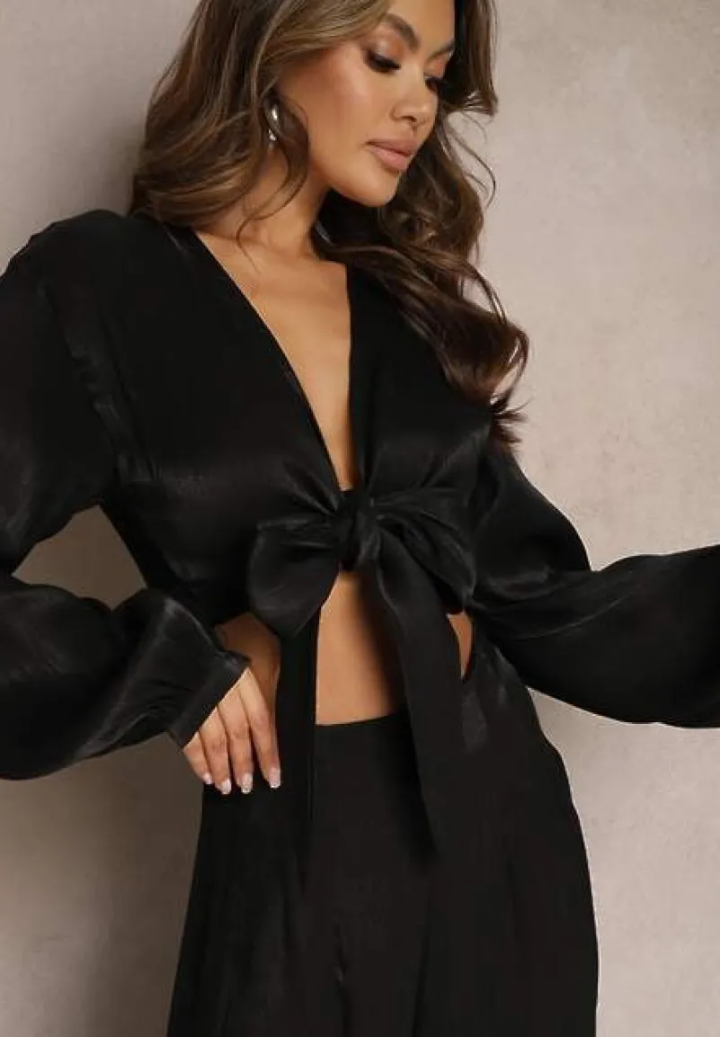 Czarny Komplet Wiązana Koszula z Luźnym Rękawem i Szerokie Spodnie Aphina