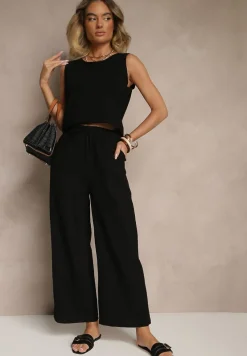 Czarny Komplet z Bawełną i Lnem Koszulka i Szerokie Spodnie Isadell