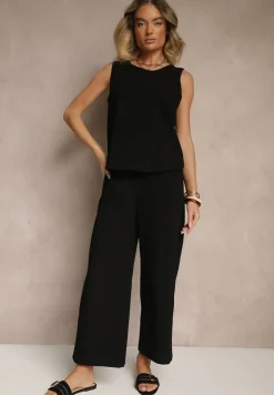 Czarny Komplet z Bawełną i Lnem Koszulka i Szerokie Spodnie Isadell