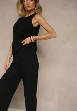 Czarny Komplet z Bawełną i Lnem Koszulka i Szerokie Spodnie Isadell