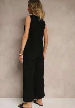 Czarny Komplet z Bawełną i Lnem Koszulka i Szerokie Spodnie Isadell