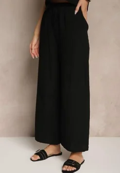 Czarny Komplet z Bawełną i Lnem Koszulka i Szerokie Spodnie Isadell