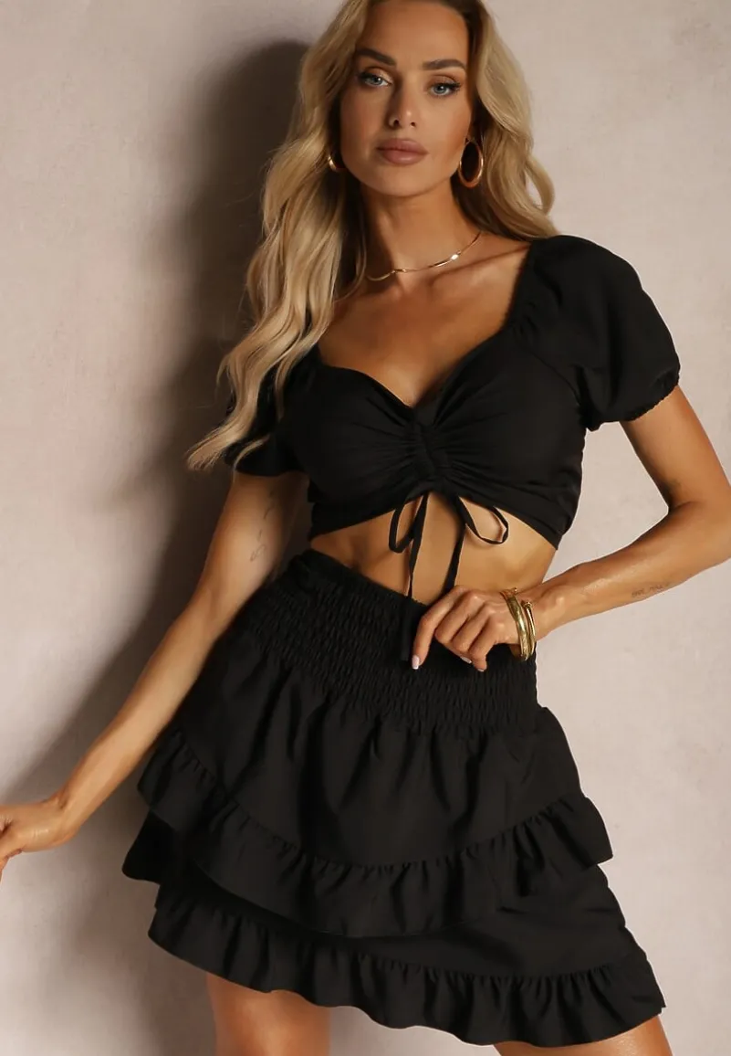 Czarny Komplet z Bawełną Spódnica z Gumką w Talii i Falbanką Bluzka Typu Hiszpanka Testalani