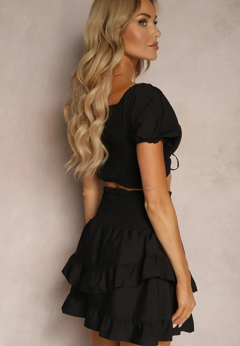 Czarny Komplet z Bawełną Spódnica z Gumką w Talii i Falbanką Bluzka Typu Hiszpanka Testalani