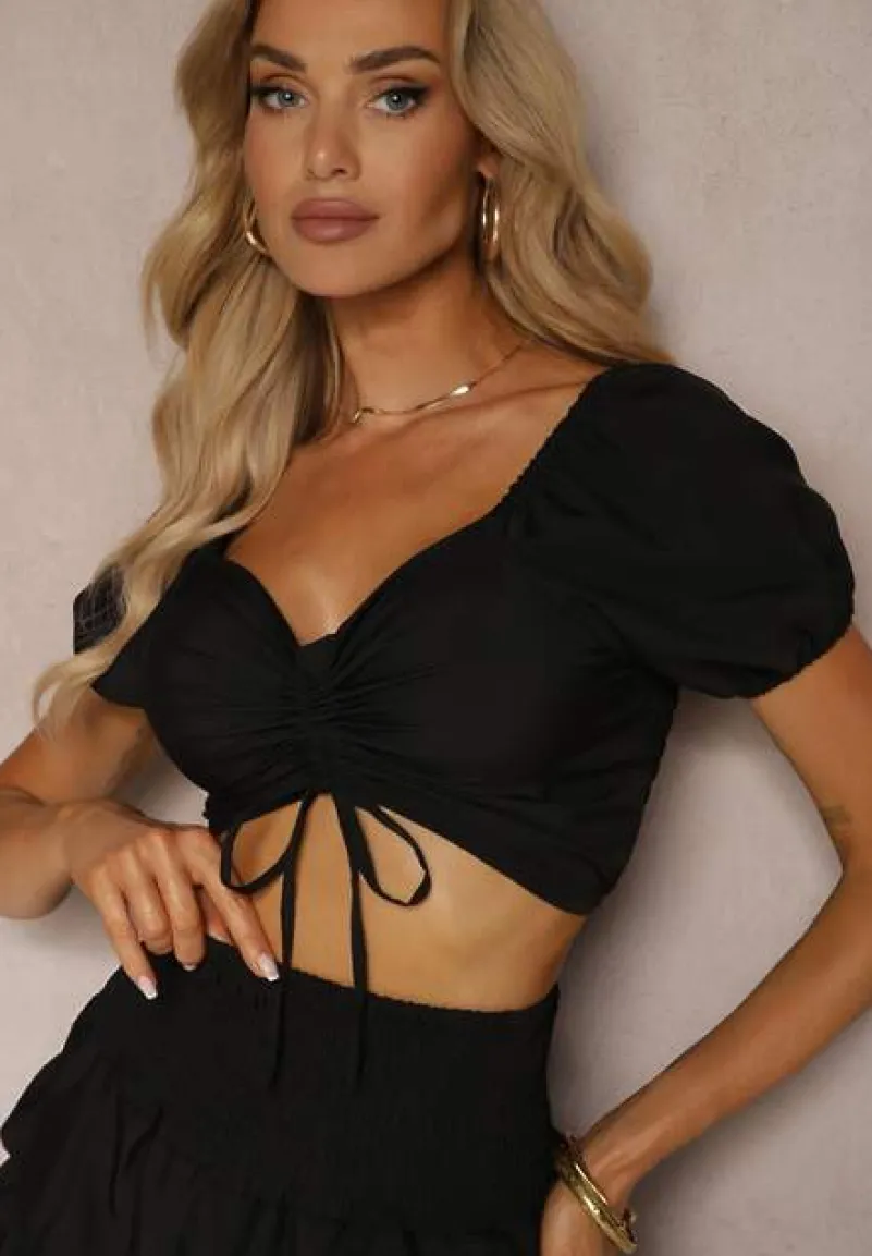 Czarny Komplet z Bawełną Spódnica z Gumką w Talii i Falbanką Bluzka Typu Hiszpanka Testalani