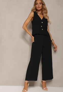 Czarny Komplet z Bawełny Bluzka z Guzikami Szerokie Spodnie z Gumką w Talii Floricella