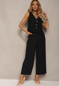 Czarny Komplet z Bawełny Bluzka z Guzikami Szerokie Spodnie z Gumką w Talii Floricella