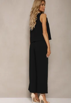 Czarny Komplet z Bawełny Bluzka z Guzikami Szerokie Spodnie z Gumką w Talii Floricella