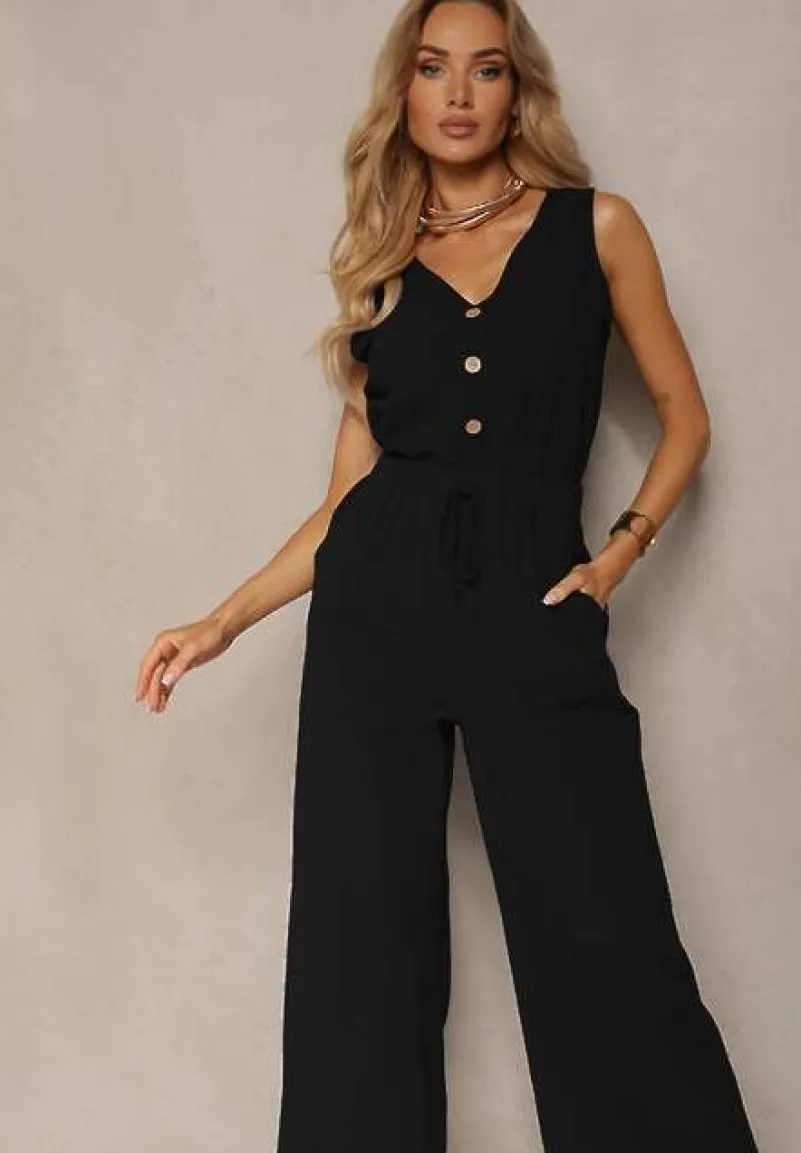 Czarny Komplet z Bawełny Bluzka z Guzikami Szerokie Spodnie z Gumką w Talii Floricella