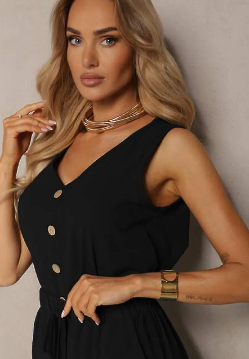 Czarny Komplet z Bawełny Bluzka z Guzikami Szerokie Spodnie z Gumką w Talii Floricella