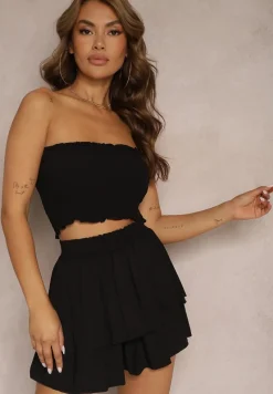 Czarny Komplet z Bawełny Elastyczny Top bez Rękawów Szorty z Falbankami i Gumką w Pasie Tessabel