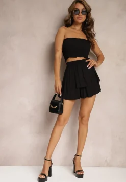 Czarny Komplet z Bawełny Elastyczny Top bez Rękawów Szorty z Falbankami i Gumką w Pasie Tessabel