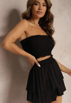 Czarny Komplet z Bawełny Elastyczny Top bez Rękawów Szorty z Falbankami i Gumką w Pasie Tessabel