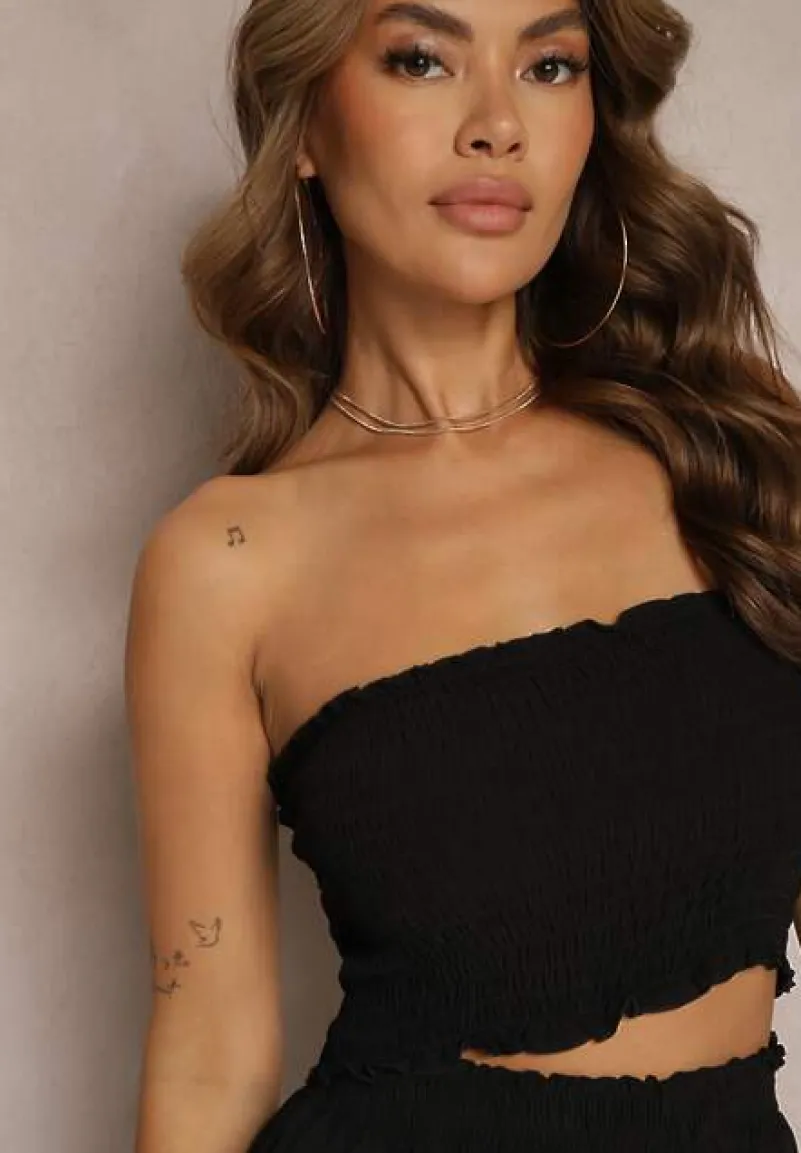 Czarny Komplet z Bawełny Elastyczny Top bez Rękawów Szorty z Falbankami i Gumką w Pasie Tessabel