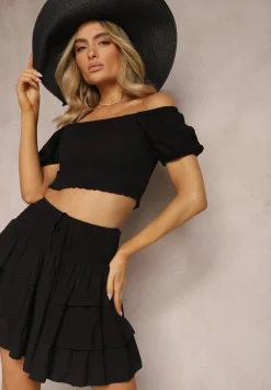 Czarny Komplet z Bawełny Krótka Spódnica z Falbankami i Koszulka z Hiszpańskim Dekolcie Scriba