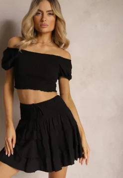 Czarny Komplet z Bawełny Krótka Spódnica z Falbankami i Koszulka z Hiszpańskim Dekolcie Scriba