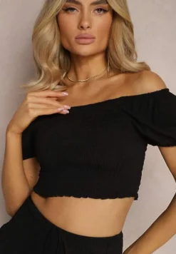 Czarny Komplet z Bawełny Krótka Spódnica z Falbankami i Koszulka z Hiszpańskim Dekolcie Scriba