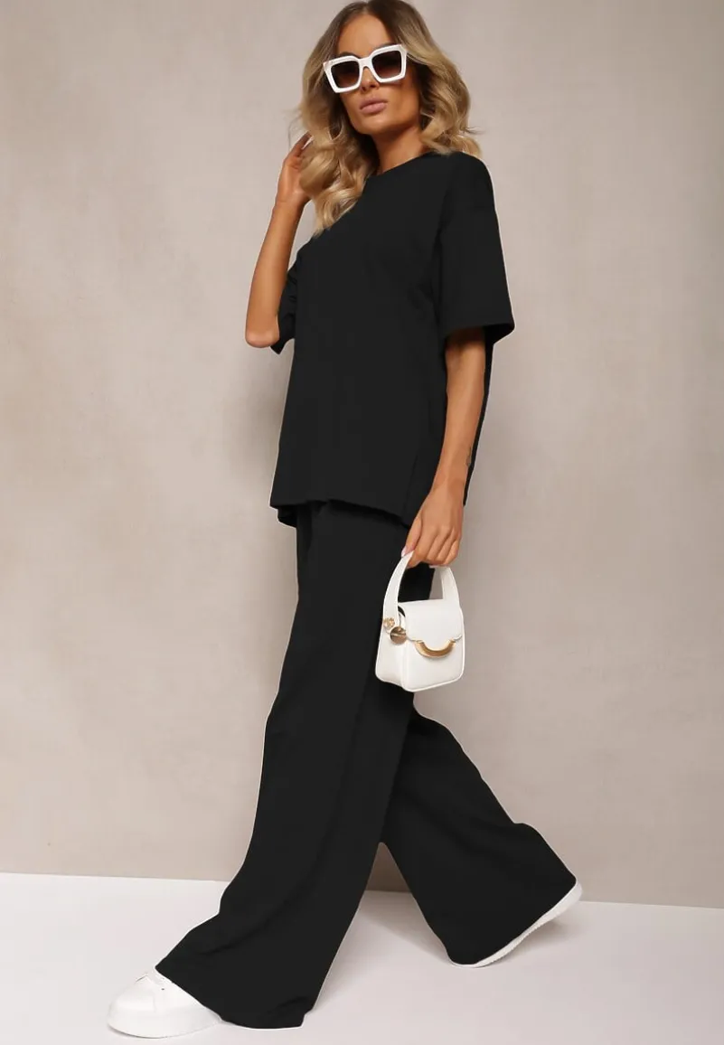 Czarny Komplet z Bawełny Proste Szerokie Spodnie z Gumką w Pasie Bluzka z Rozcięciami Vimarases
