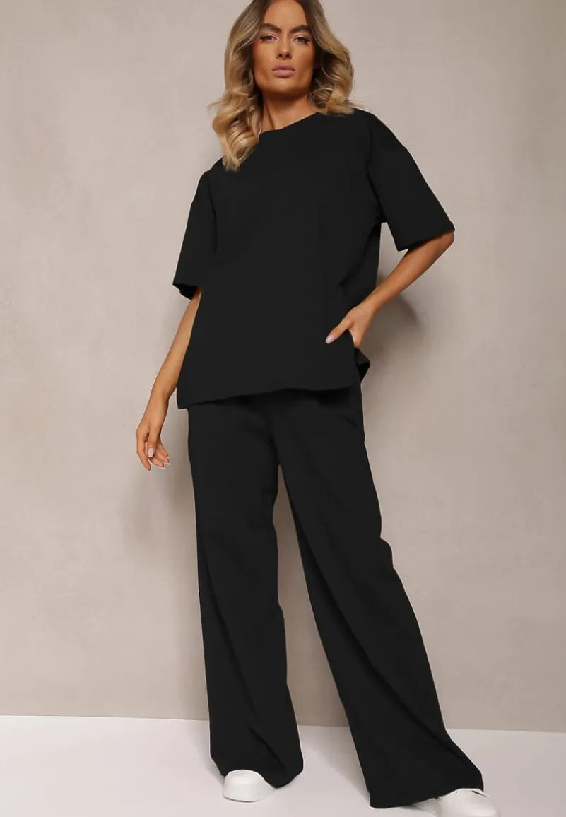 Czarny Komplet z Bawełny Proste Szerokie Spodnie z Gumką w Pasie Bluzka z Rozcięciami Vimarases