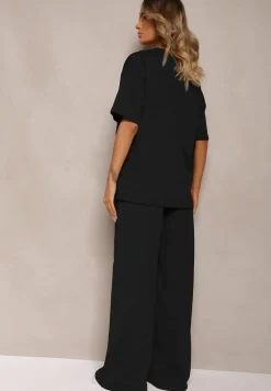 Czarny Komplet z Bawełny Proste Szerokie Spodnie z Gumką w Pasie Bluzka z Rozcięciami Vimarases
