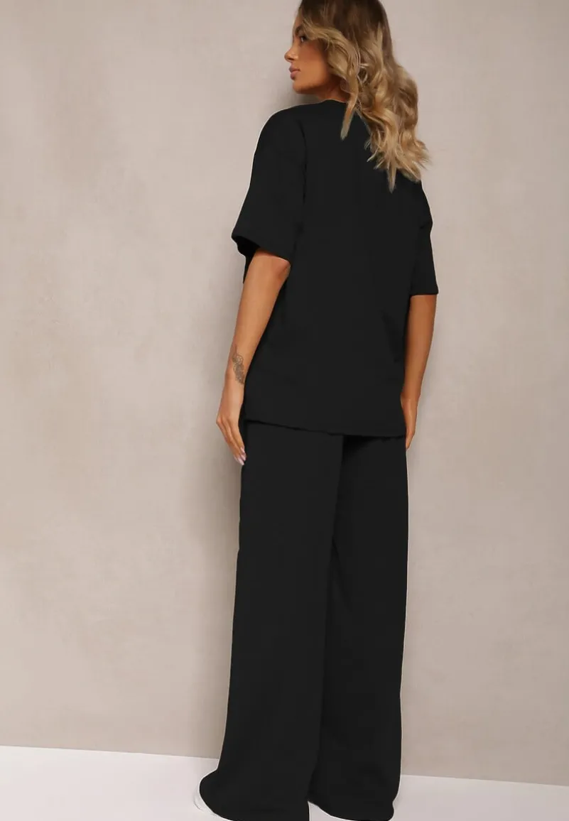 Czarny Komplet z Bawełny Proste Szerokie Spodnie z Gumką w Pasie Bluzka z Rozcięciami Vimarases
