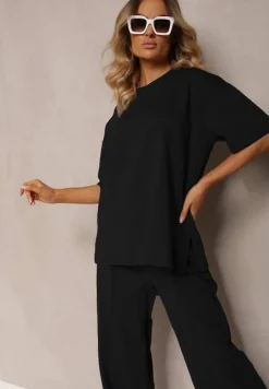Czarny Komplet z Bawełny Proste Szerokie Spodnie z Gumką w Pasie Bluzka z Rozcięciami Vimarases