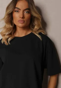 Czarny Komplet z Bawełny Proste Szerokie Spodnie z Gumką w Pasie Bluzka z Rozcięciami Vimarases