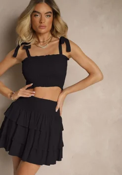 Czarny Komplet z Bawełny Spódnica z Falbanami i Top z Kokardami Sarionae