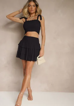 Czarny Komplet z Bawełny Spódnica z Falbanami i Top z Kokardami Sarionae