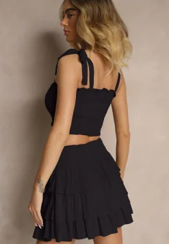 Czarny Komplet z Bawełny Spódnica z Falbanami i Top z Kokardami Sarionae