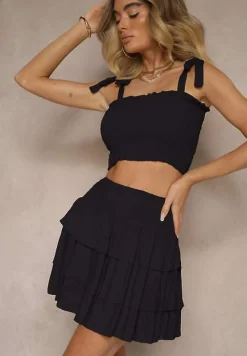 Czarny Komplet z Bawełny Spódnica z Falbanami i Top z Kokardami Sarionae