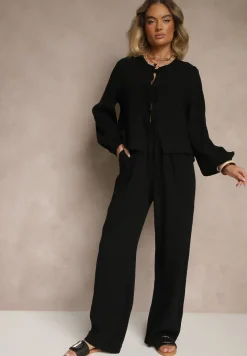 Czarny Komplet z Bawełny Wiązana Bluzka i Szerokie Spodnie Palanniela