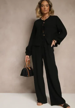 Czarny Komplet z Bawełny Wiązana Bluzka i Szerokie Spodnie Palanniela