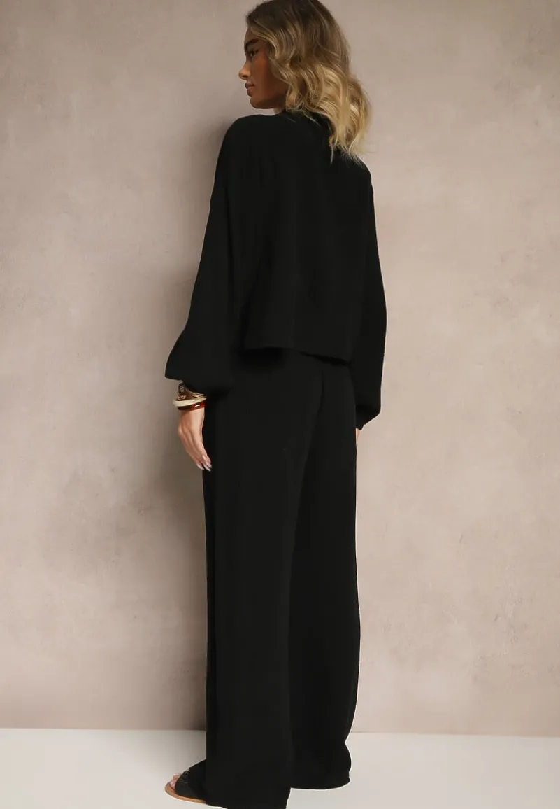 Czarny Komplet z Bawełny Wiązana Bluzka i Szerokie Spodnie Palanniela