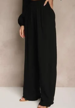 Czarny Komplet z Bawełny Wiązana Bluzka i Szerokie Spodnie Palanniela