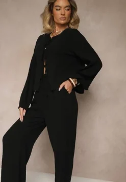 Czarny Komplet z Bawełny Wiązana Bluzka i Szerokie Spodnie Palanniela