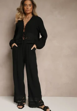 Czarny Komplet z Bawełny z Ażurowymi Wstawkami Bluzka z Wiązaniem i Spodnie Jaette