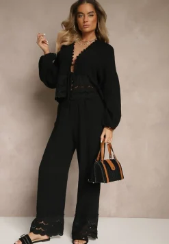 Czarny Komplet z Bawełny z Ażurowymi Wstawkami Bluzka z Wiązaniem i Spodnie Jaette