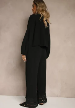 Czarny Komplet z Bawełny z Ażurowymi Wstawkami Bluzka z Wiązaniem i Spodnie Jaette