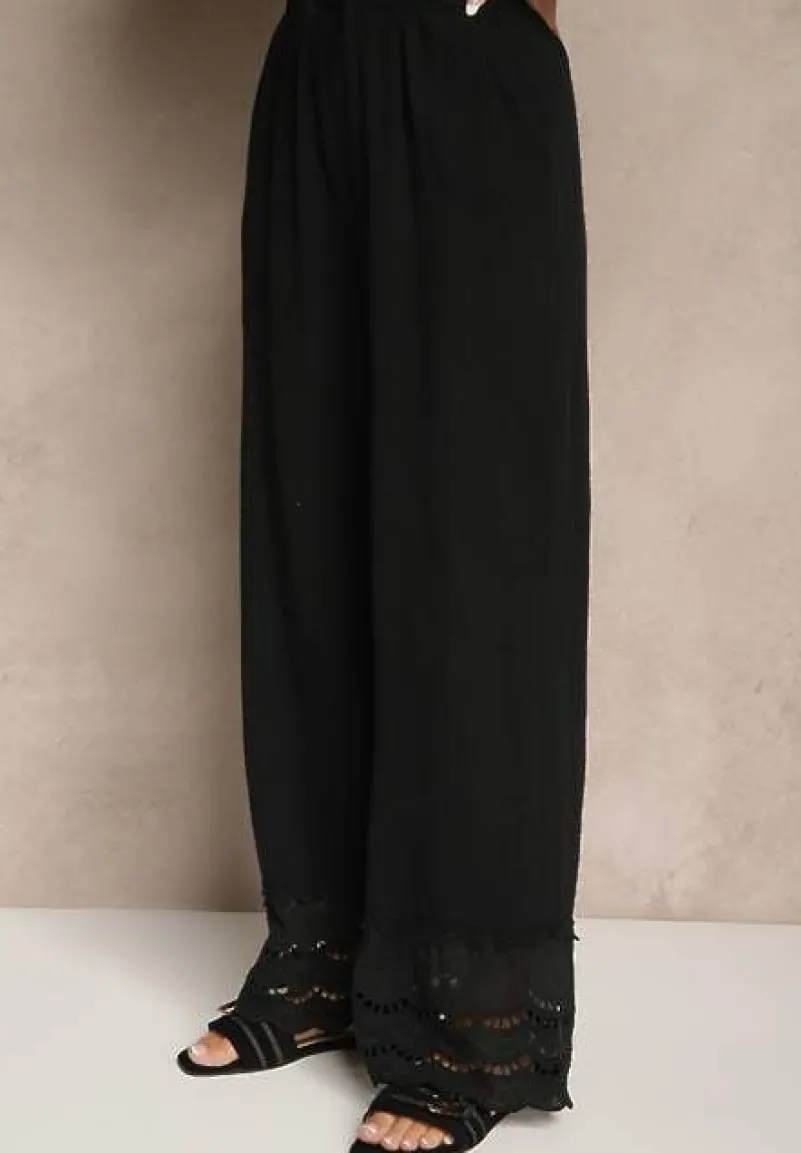 Czarny Komplet z Bawełny z Ażurowymi Wstawkami Bluzka z Wiązaniem i Spodnie Jaette