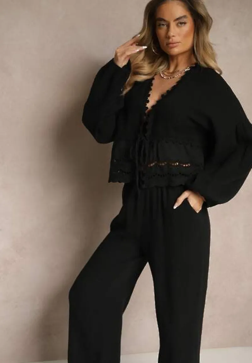 Czarny Komplet z Bawełny z Ażurowymi Wstawkami Bluzka z Wiązaniem i Spodnie Jaette