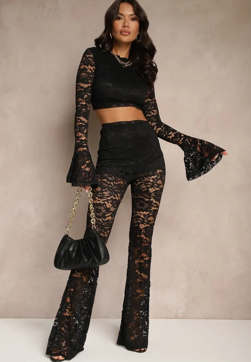 Czarny Komplet z Koronki Spodnie Flare i Bluzka Nanillia