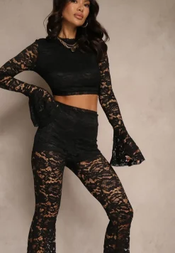 Czarny Komplet z Koronki Spodnie Flare i Bluzka Nanillia