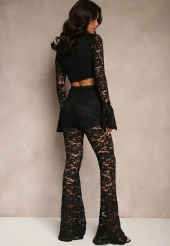 Czarny Komplet z Koronki Spodnie Flare i Bluzka Nanillia