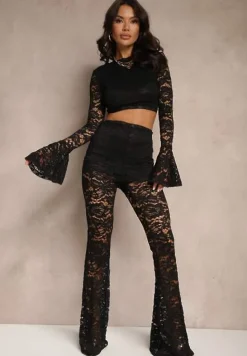 Czarny Komplet z Koronki Spodnie Flare i Bluzka Nanillia
