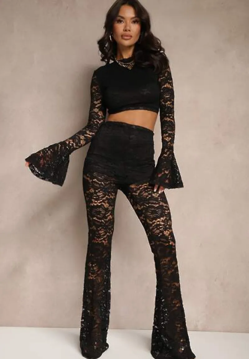 Czarny Komplet z Koronki Spodnie Flare i Bluzka Nanillia