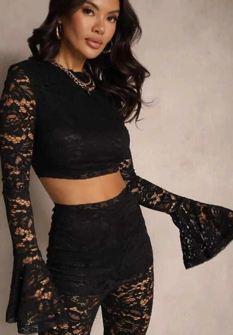 Czarny Komplet z Koronki Spodnie Flare i Bluzka Nanillia