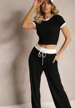 Czarny Komplet z Prążkowanego Materiału T-shirt Szerokie Spodnie z Gumką w Pasie Alandrea