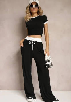 Czarny Komplet z Prążkowanego Materiału T-shirt Szerokie Spodnie z Gumką w Pasie Alandrea