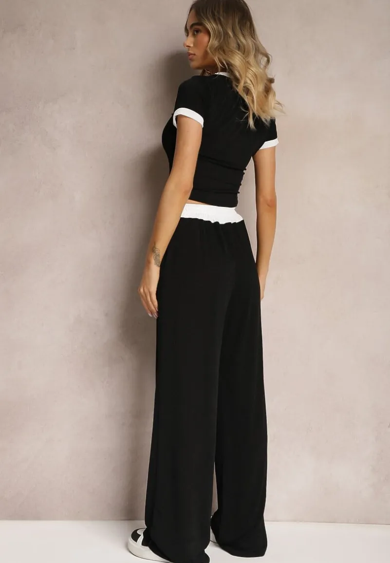 Czarny Komplet z Prążkowanego Materiału T-shirt Szerokie Spodnie z Gumką w Pasie Alandrea